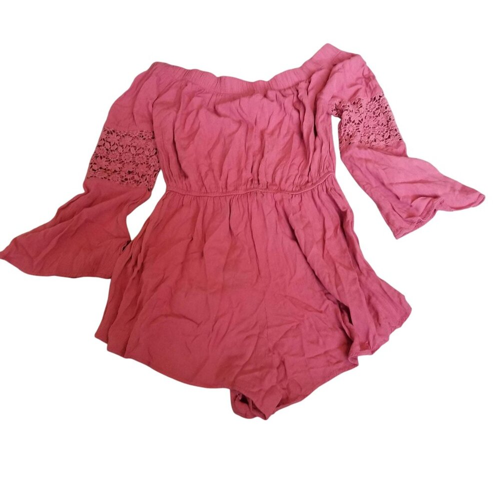 Womens Blush S Off-Shoulder Romper With Lace Bell Sleeves & Elastic Waist